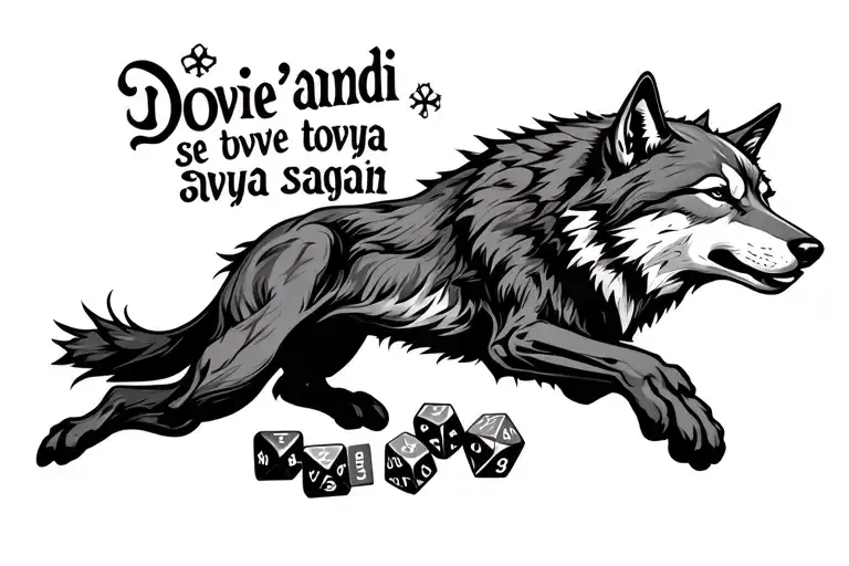 "Dovie'andi se tovya sagain" polyhedral dice being rolled under a leaping wolf tattoo design idea