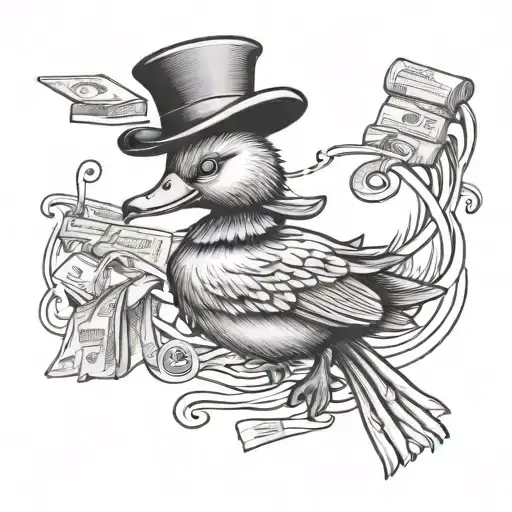 a duck with a magician's cap with money in hand, and to have the messages below and above "trust no one" and "its all hu tattoo design idea