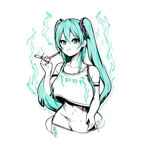 hatsune miku with cigarette and white monster energy tattoo design idea