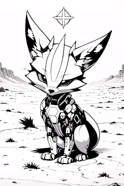 cyborg fox in a desert landscape black and white manga style with a single star glowing in the sky tattoo design idea