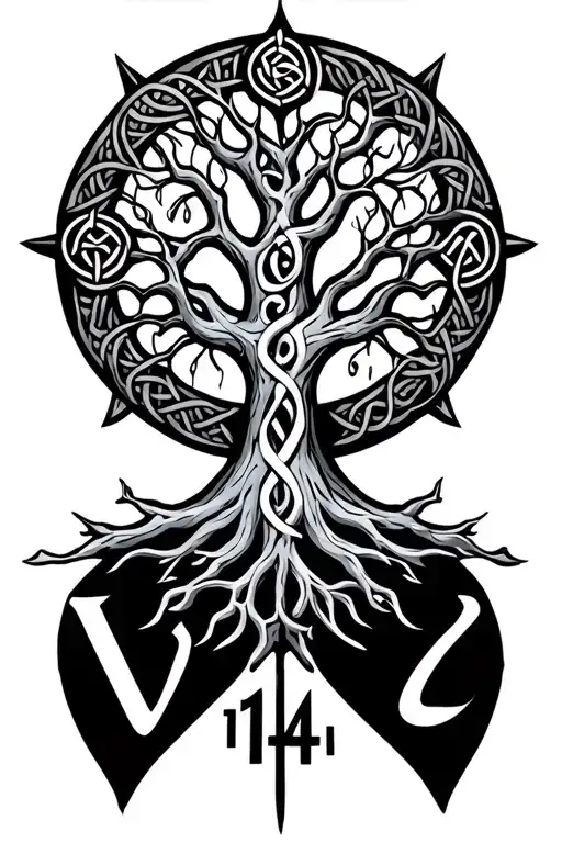 celtic tree of life, the number 14, the words "The Voice", uncle symbol tattoo design idea