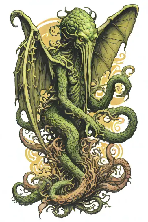 cthulu with wings rising from the ocean tattoo design idea