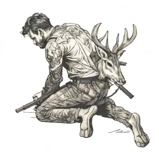 back view of man kneeling being held up by rifle remorseful over dead deer on front of him tattoo design idea