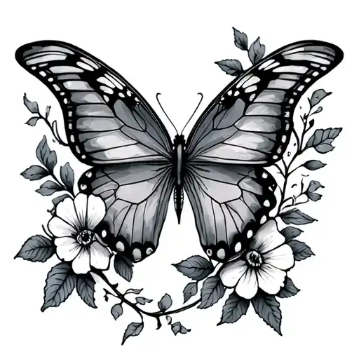 butterfly and flowers and vine thing on stomach tattoo design idea