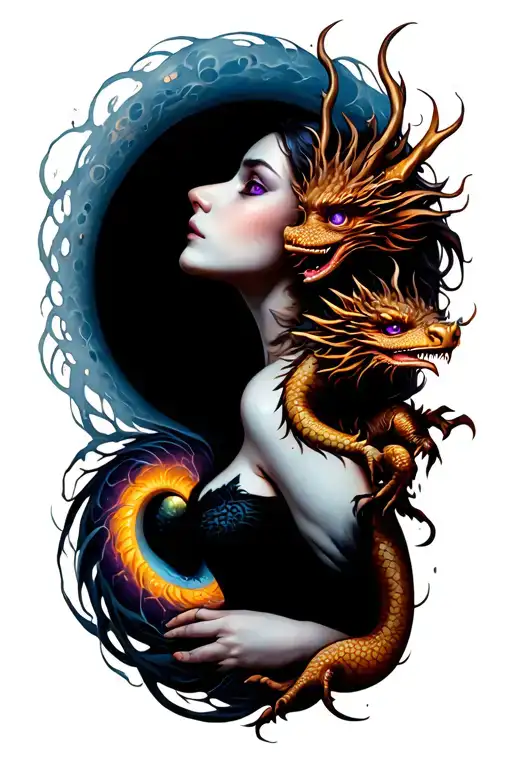 Tattoo a woman with a black hole, with purple eyes and a dragon baby on her shoulder tattoo design idea