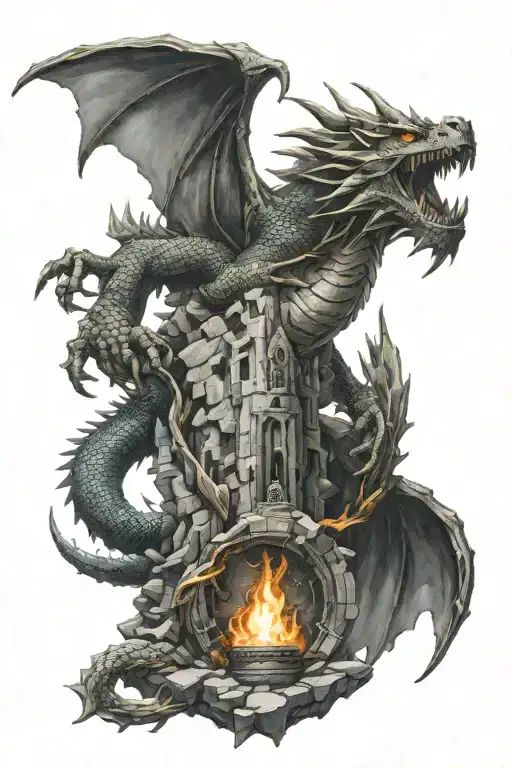 dragon claw, castle ruin, sword and shield, fire whirlwind tattoo design idea