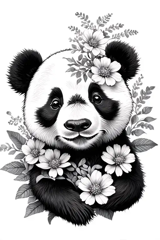cute panda with half face as flowers  tattoo design idea