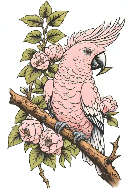 a single pink cockatoo on a branch tattoo design idea