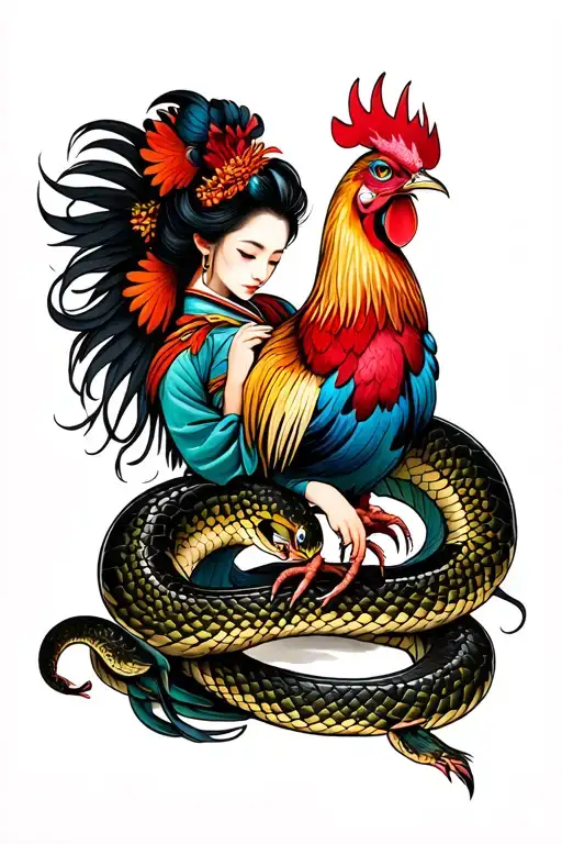 Japanese woman and rooster fighting snake crawling tattoo design idea