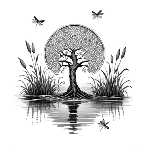 Celtic tree of life in lily pond with cattails and dragonflies tattoo design idea