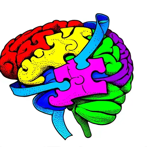 red green yellow autism puzzle cartoon brain wrapped in blueish purple ribbon tattoo design idea