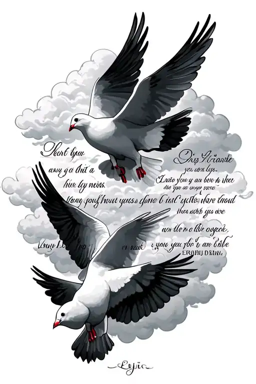 tatoo with 2 doves in the sky above a bible verse with soft clouds between words.  1 dove below verse. tattoo design idea