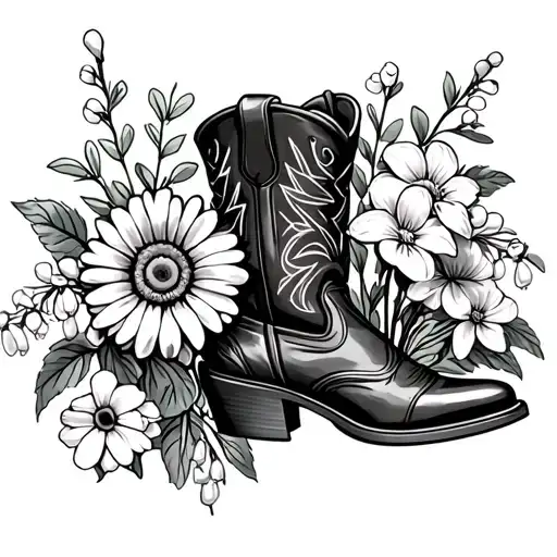 simple design cowboy boot used as a vase for singular flowers rose, cosmo, delphinium, daisy, and lily of the valley  tattoo design idea