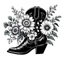 simple design cowboy boot used as a vase for singular flowers rose, cosmo, delphinium, daisy, and lily of the valley  tattoo design idea