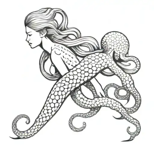 Create a tattoo design for Gemini,Combination of octopus and mermaid,minimal , line, high quality, deatil, good tattoo design idea