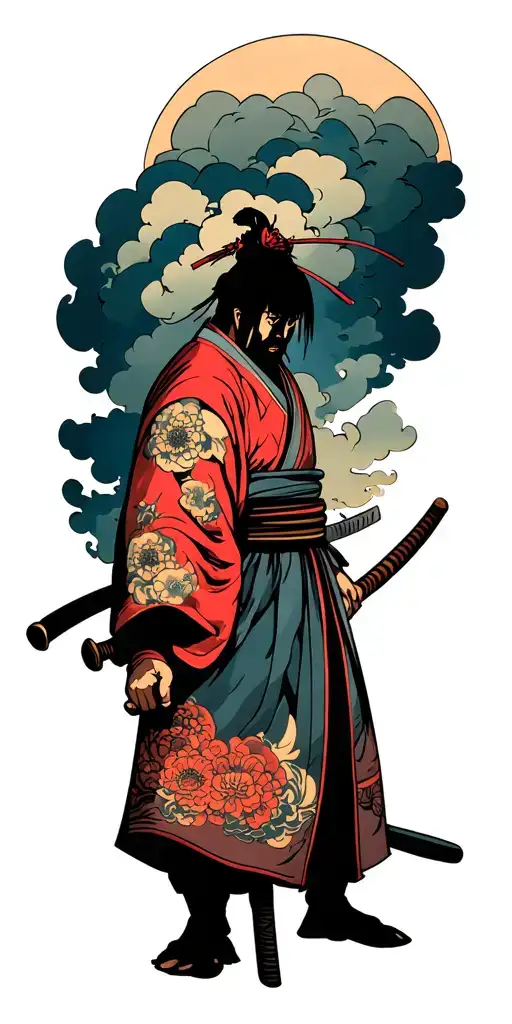 On the shoulder, dark clouds and strong wind (ukiyo-e style). In the center, the rōnin standing, holding his katana sends tattoo design idea