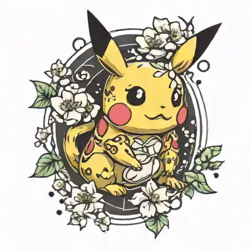 pikachu pokemon with cherry blossoms tattoo design idea