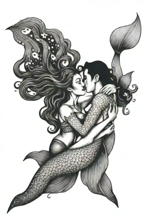 scuba diver kissing mermaid swimming tattoo design idea