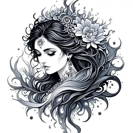 black goddess fantasy water flowing tattoo design idea