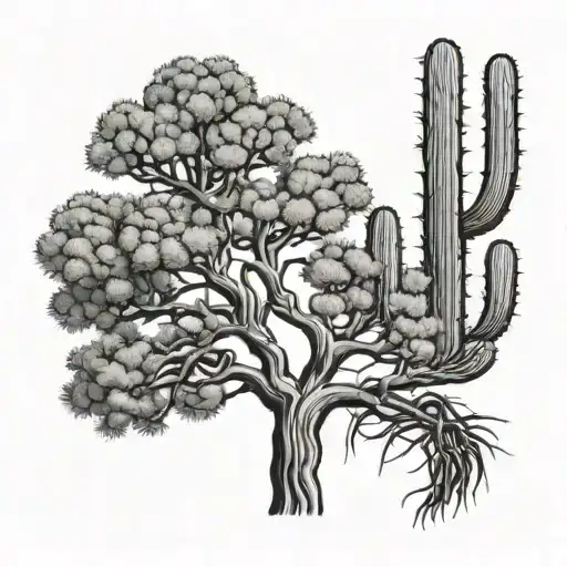 Lebanese cedar tree intertwined with Mexican cactus plant tattoo design idea