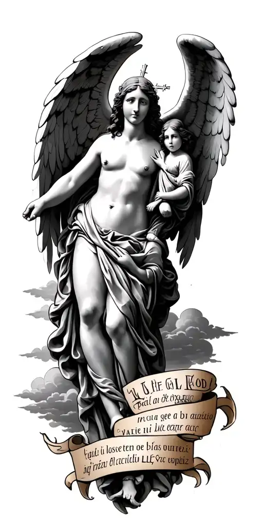 "I Want Full Sleeve" Mother of God, naked guardian angel, a few piggyback, quote in Latin, cross, clouds tattoo design idea