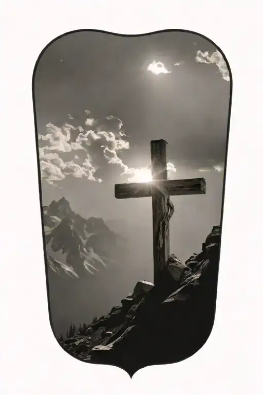 christian cross summit of a mountain landscape ray of sunshine tattoo design idea