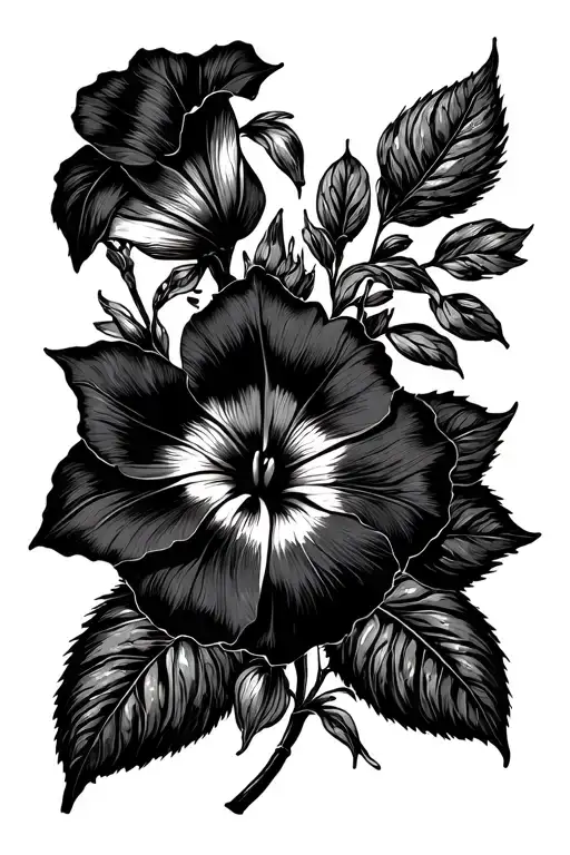 morning glory and cosmo flower fine line long skinny incorporated in a subtle feminine line design tattoo design idea