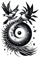 hippy sun, hippy moon, key, wave, small birds, yin yang, soundwave tattoo design idea