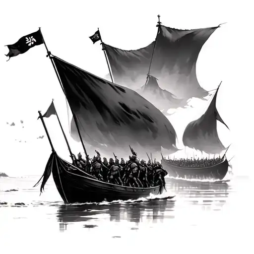 mongolian army of boats and warriors entering japan on to the beach with boats from the japanese perspective  tattoo design idea