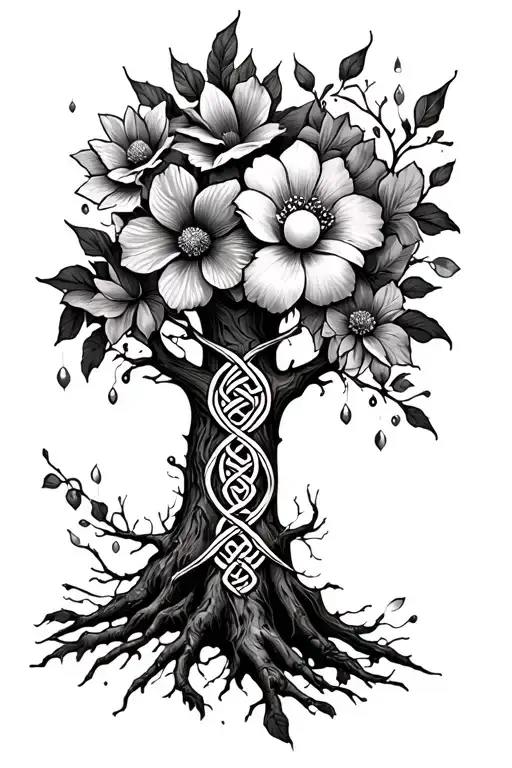 tree with Norse and Celtic knotwork incorporating September, December April and July flowers for forearm tattoo design idea