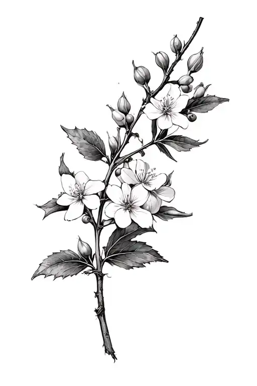 one flowering white myrtle branch with berries, in black and white tattoo design idea