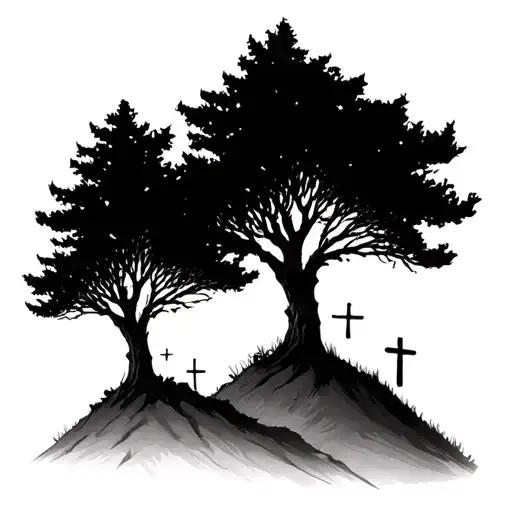 two trees and cross on three separate hills tattoo design idea