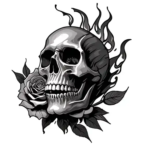 skull with a fire-rose tattoo design idea