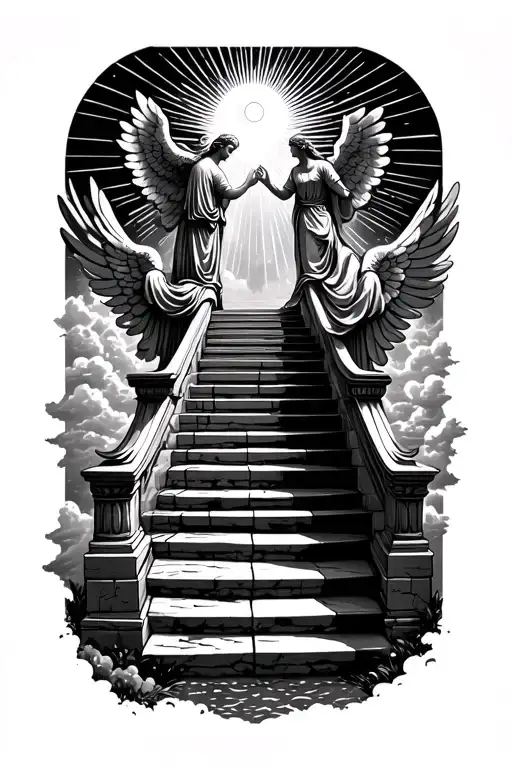 stairway to heaven walking up stairs angels sun rays clouds heaven gate at the top of the stairs  tattoo design idea