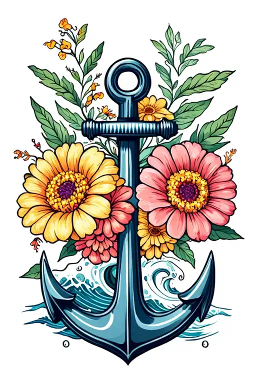heroshige ocean waves anchor zinnia flowers honey suckle flowers  tattoo design idea