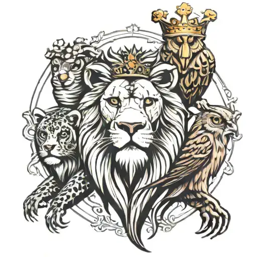 lion with owl and bear with a crown tattoo design idea