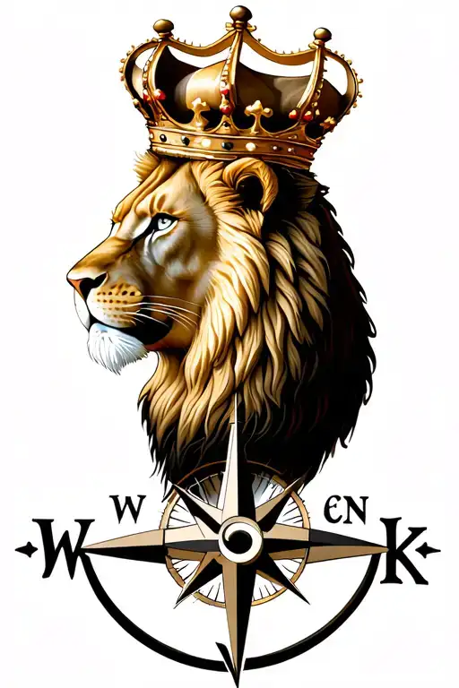 the front of a lions face with a crown on its head and a compass under that tattoo design idea