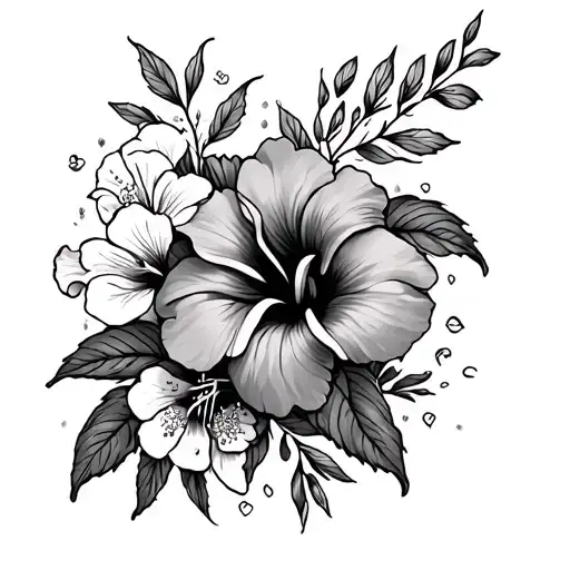 long hip tattoo with honeysuckle and hibiscus flowers, black and gray fine-line art  tattoo design idea
