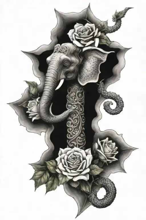 Dragon, elephant, cross, roses jaheim tattoo design idea