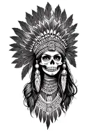 aztec girl , skull mask, feminine, face with an Aztec headdress, shadow and life, shaman tattoo design idea