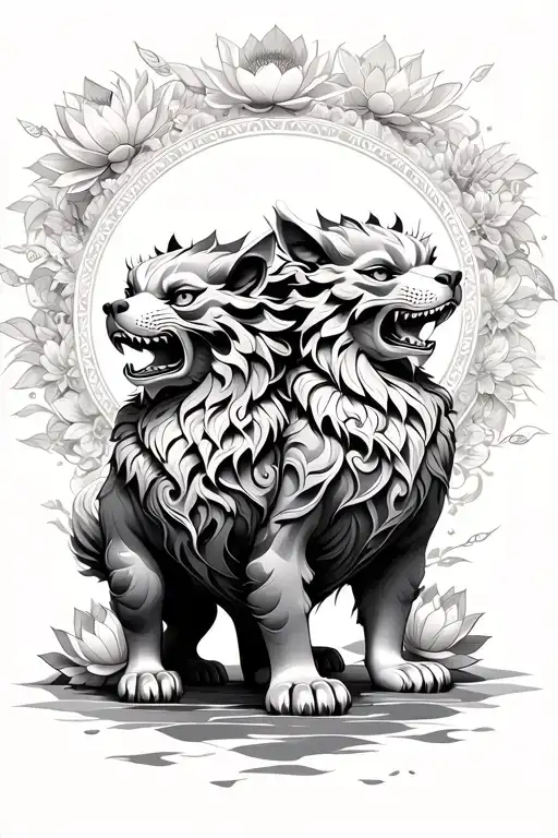 foo dogs standing guard with a feminine touch and lotus around them tattoo design idea