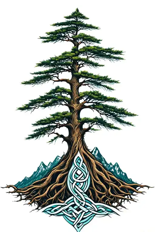 celtic knots at the bottom turning into roots of pine trees growing up in front of mountain tattoo design idea