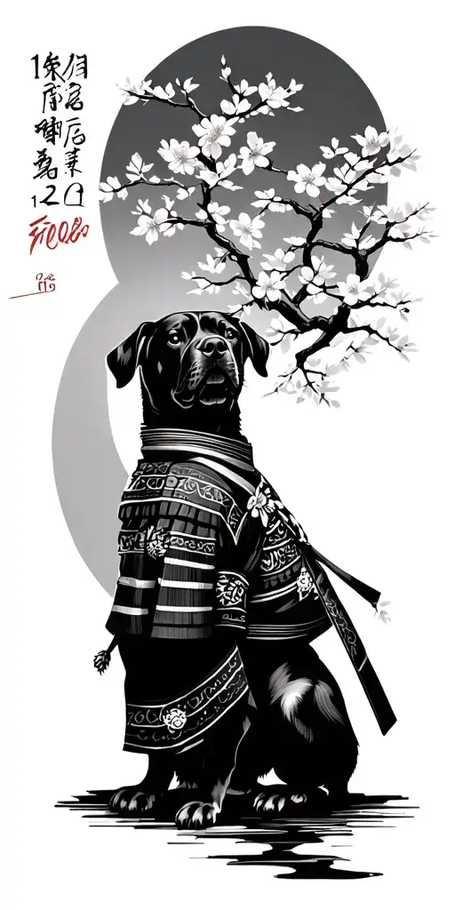 "11/10 11/02 237" samurai and sakura trees , japanese small text , family date of births , dog american stafford  tattoo design idea