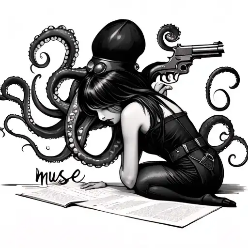 woman hunched over paper writing "muse" with an octopus tentacle growing from her back holding a gun to her head tattoo design idea