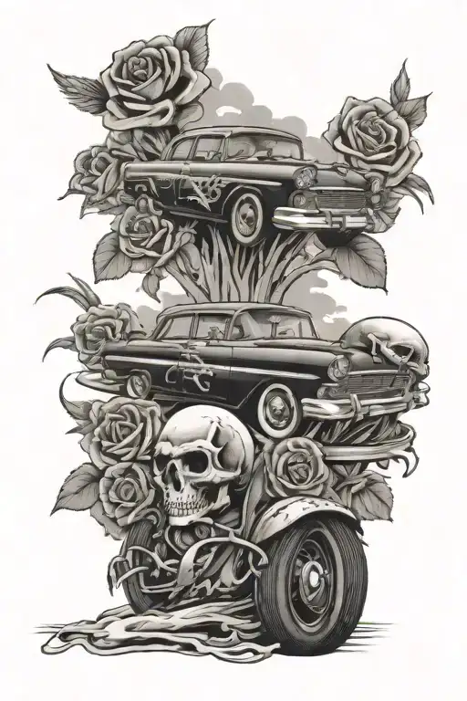 skulls and roses with a 1957 ford fairlane and my dog dukes name leading up a road to heaven with tire smoke and racing tattoo design idea