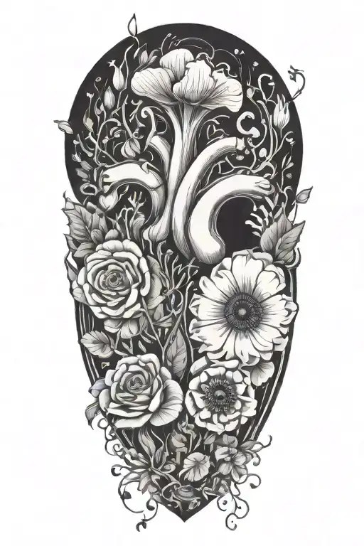 abstract design human heart, poppies, anemones, mushrooms, music, love tattoo design idea
