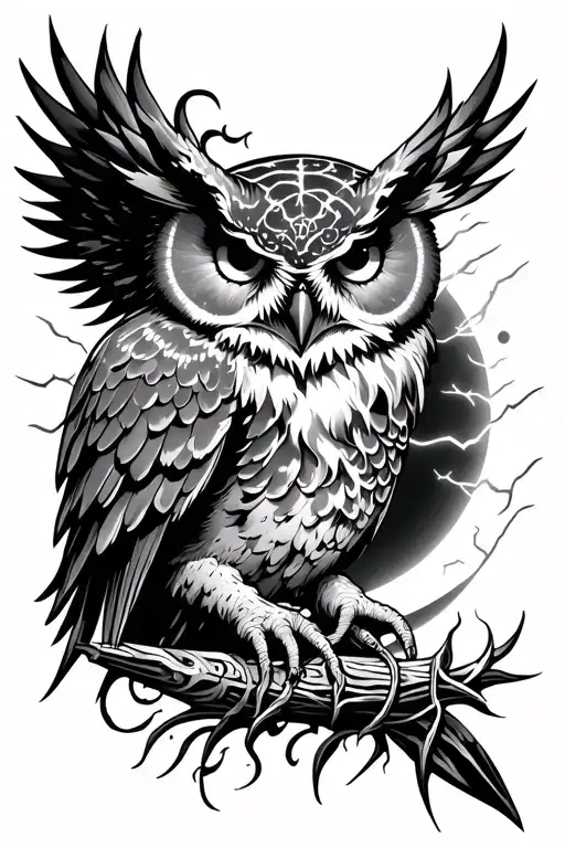 Lightning, Trident, Moon, Sun, owl Médusa Full Arm tattoo design idea