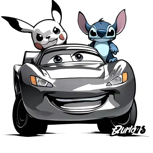 A detailed tattoo design featuring Pikachu and Stitch sitting happily on top of Lightning McQueen from Cars.  tattoo design idea