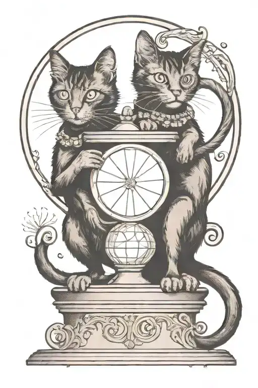 2 headed black traditional cat with 2 tails standing tall on a crystal ball and swatting at the air tattoo design idea