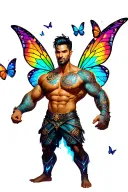 sexy adult gay male faery cartoon bodybuilder, playful, magical. Around him are butterflies, rainbows.  tattoo design idea